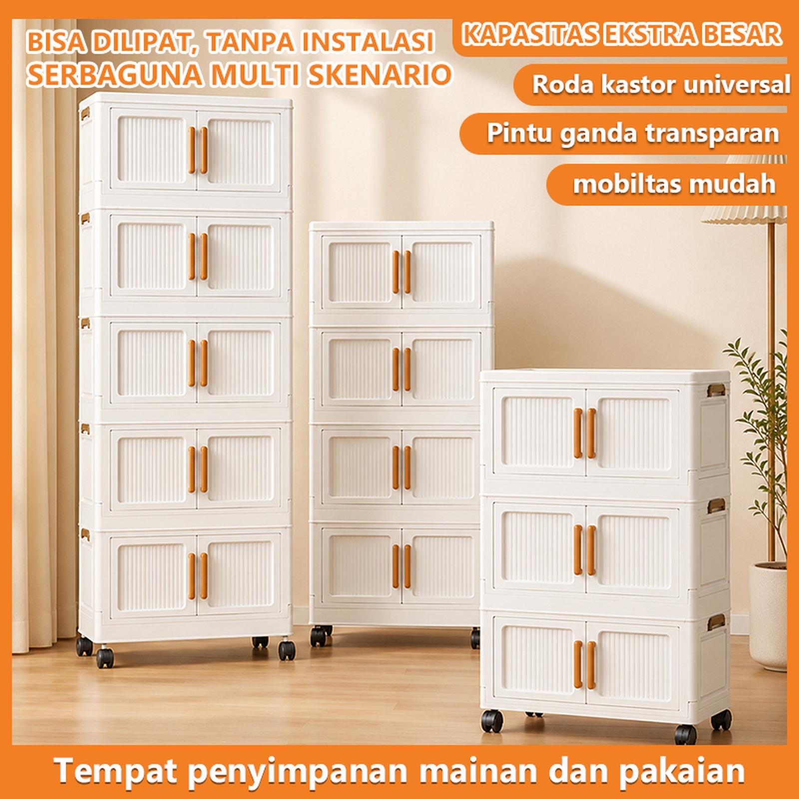 YIQII 60cm Lemari Plastik Lipat Serbaguna Kabinet Pakaian Lipat Dengan Roda