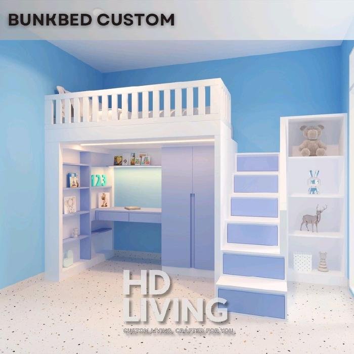 HD LIVING DIVAN BUNKBED / RANJANG SUSUN 2 TINGKAT CUSTOM - Putih Biru, 120x200