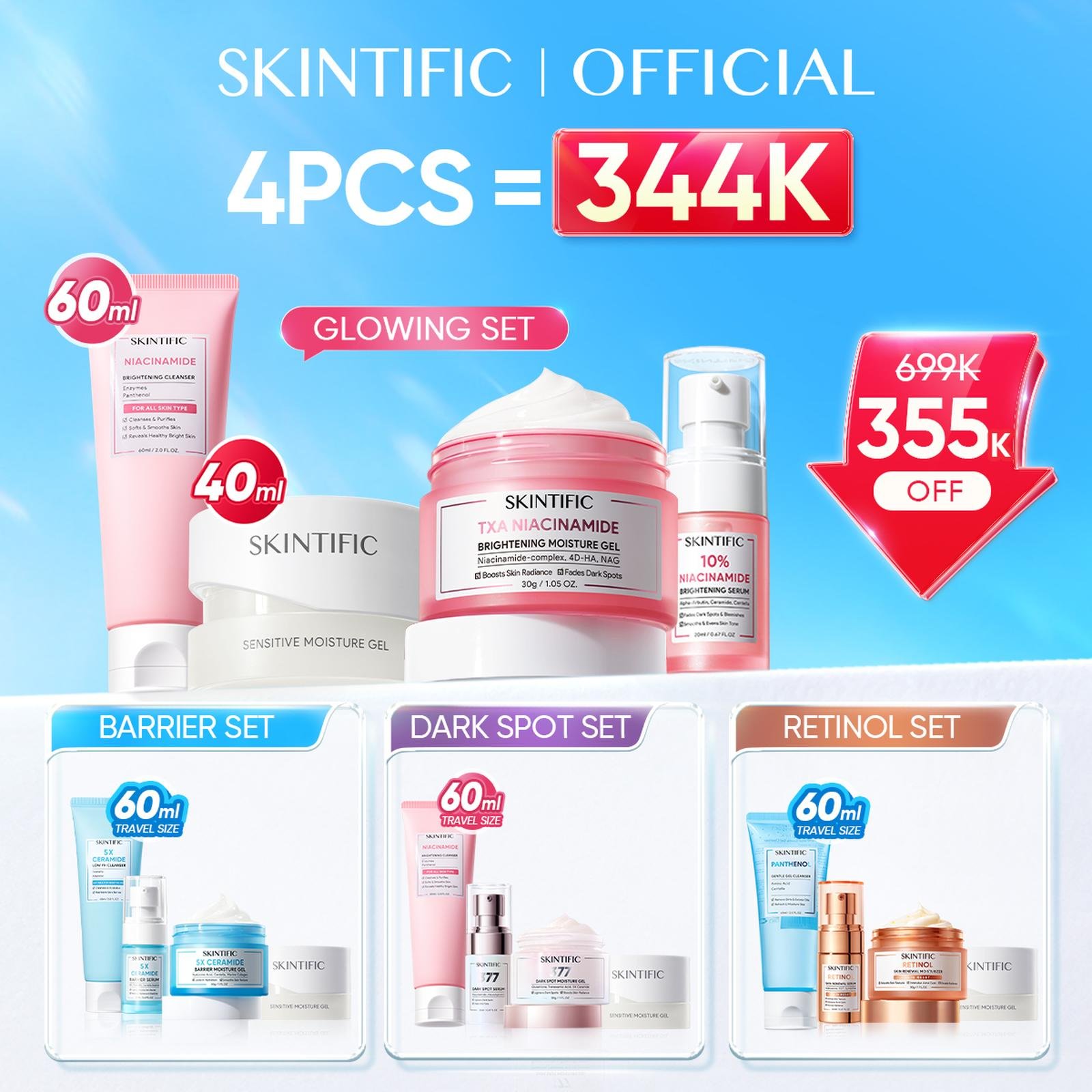 SKINTIFIC 4pcs skincare : 60ml facial wash + moistuirizer*2 + serum , skincare 1 set lengkap
