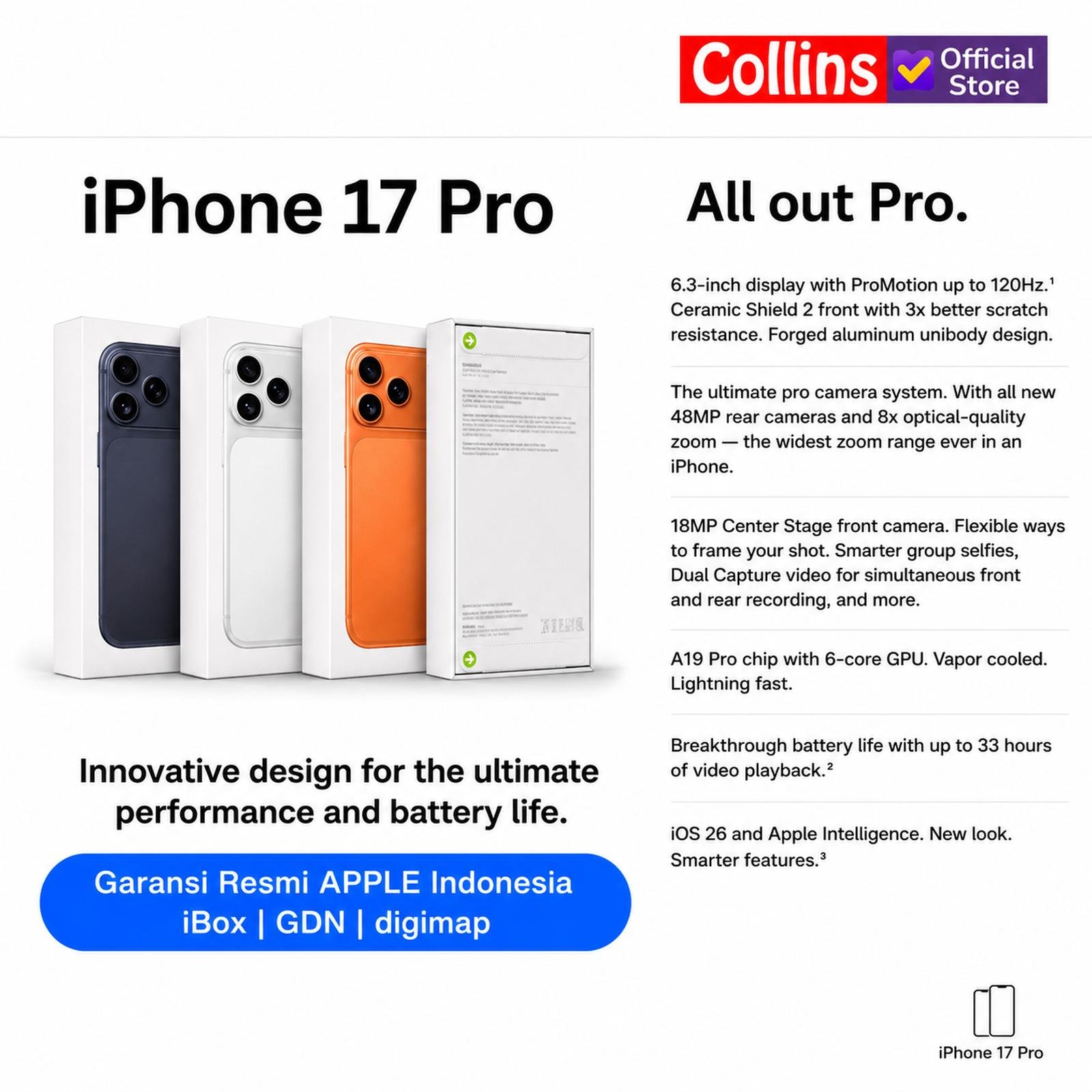 [COLLINS X ONETECH] APPLE iPhone 17 Pro 256GB 512GB 1TB A19 Pro 6.3"