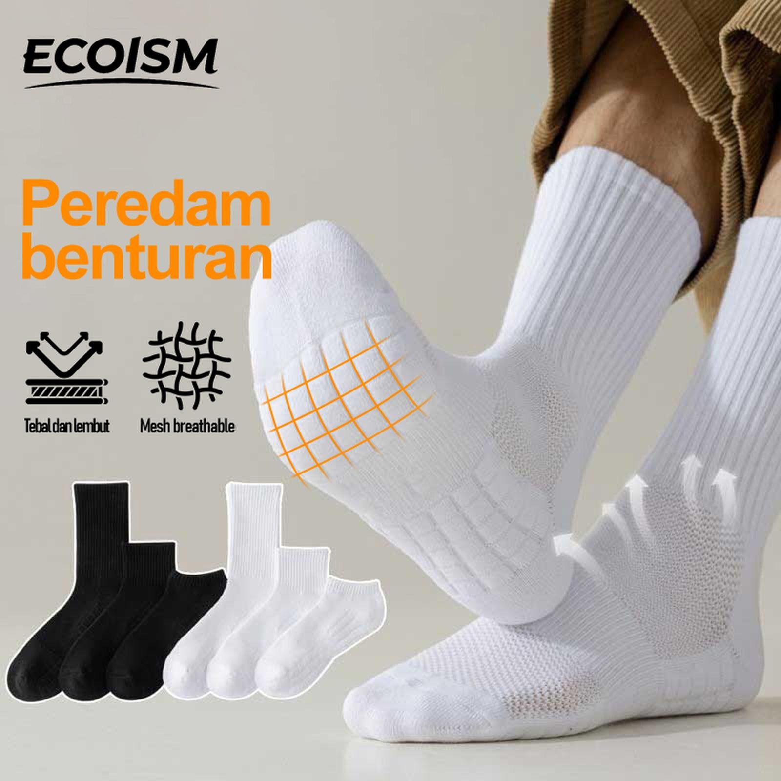 ECOISM Kaos Kaki Olahraga Tebal Nyaman – Anti Bau, Adem & Empuk, Support Cushion Premium - Short White